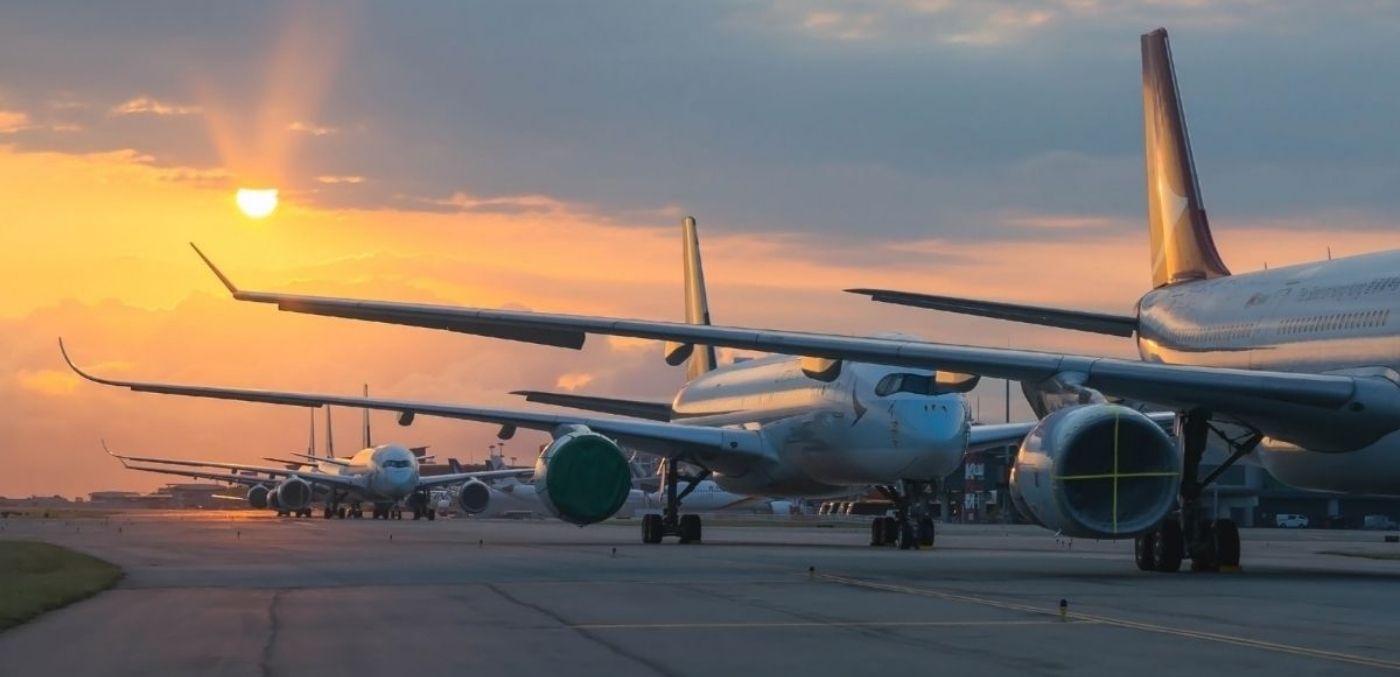 planes on a runway at sunset