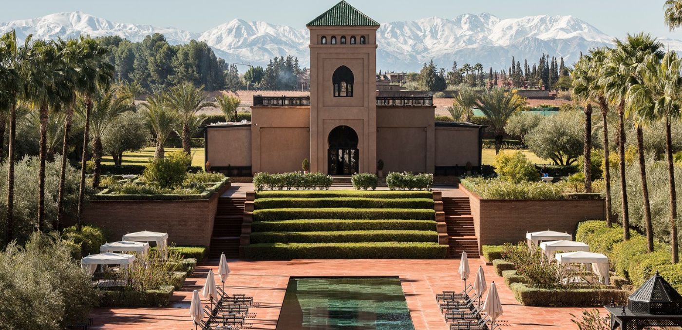 wellness temple with mountains in background
