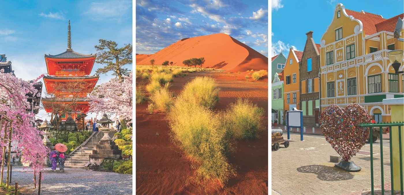 pagoda in japan, desert in australia, town in europe
