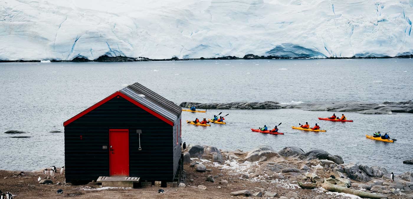 Kayakers at Port Lockroy, Antarctica