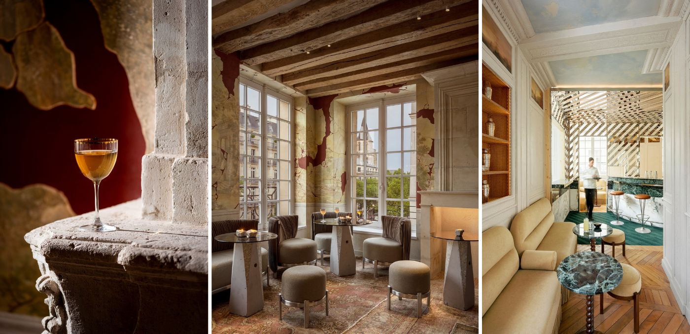 a coctail. sitting area with round stools. sofa with coffee tables.