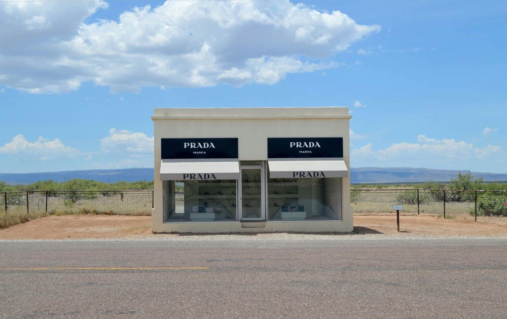 Prada Marfa, a permanent land art installation located in the Chihuahuan desert near Valentine, Texas