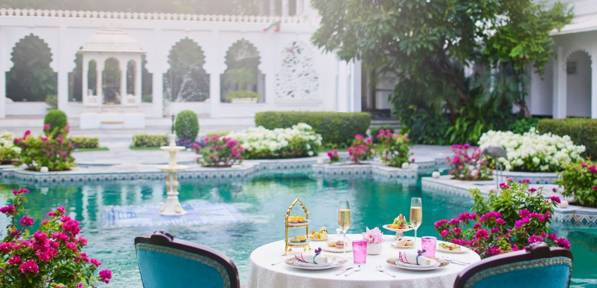 High tea by a courtyard fountain in Indian palace