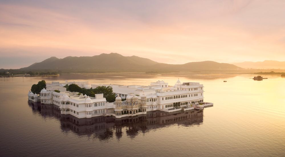 Taj Lake Palace in Udaipur, India, aerial view